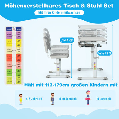 Schreibtisch Kinder, Höhenverstellbar Kinderschreibtisch Set, mit Neigbarer Tischplatte, Tisch, Stuhl, Costway, 3