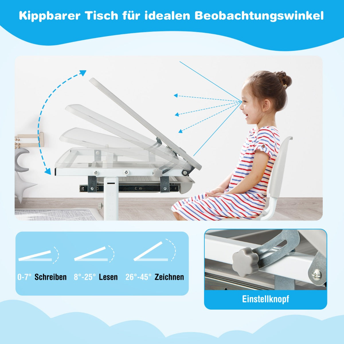 Schreibtisch Kinder, Höhenverstellbar Kinderschreibtisch Set, mit Neigbarer Tischplatte, Tisch, Stuhl, Costway, 4