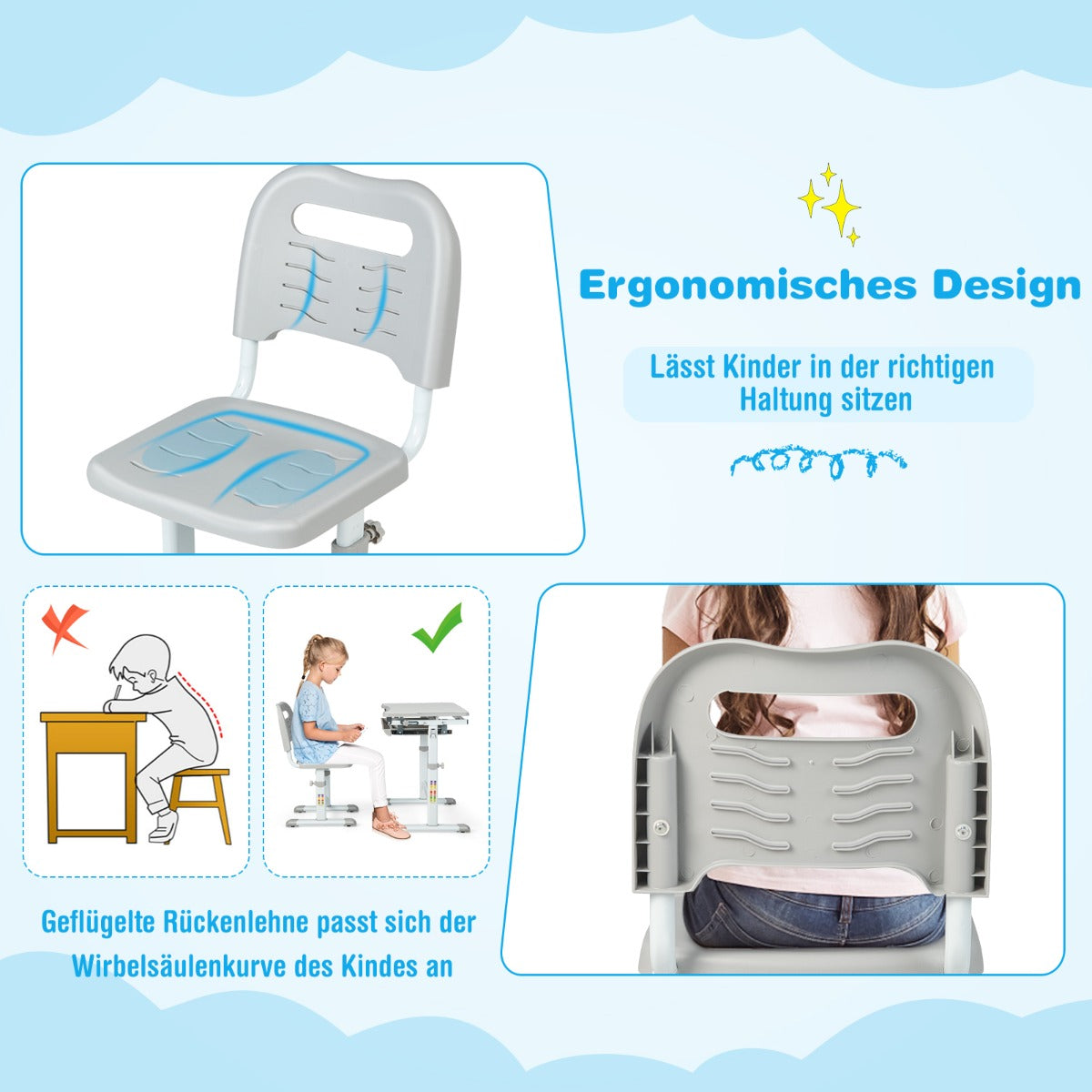 Schreibtisch Kinder, Höhenverstellbar Kinderschreibtisch Set, mit Neigbarer Tischplatte, Tisch, Stuhl, Costway, 5