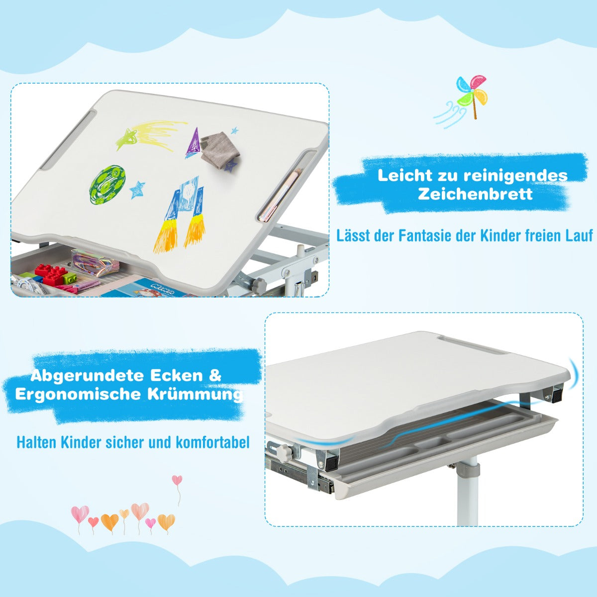 Schreibtisch Kinder, Höhenverstellbar Kinderschreibtisch Set, mit Neigbarer Tischplatte, Tisch, Stuhl, Costway, 6
