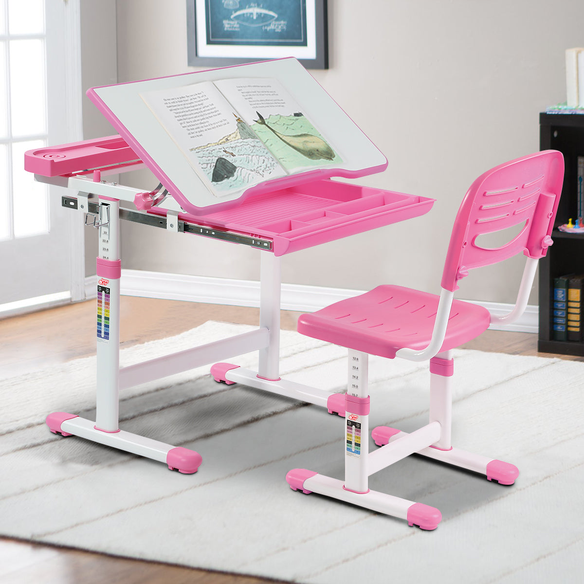 Schreibtisch Kinder, Kinderschreibtisch, Höhenverstellbar, Neigbares Kinderschreibtisch, Jugendschreibtisch, Rosa, Costway, 2