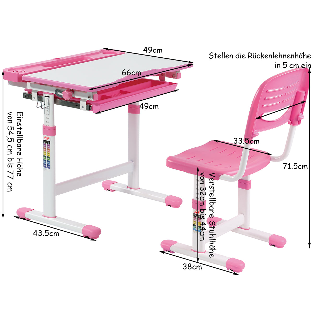 Schreibtisch Kinder, Kinderschreibtisch, Höhenverstellbar, Neigbares Kinderschreibtisch, Jugendschreibtisch, Rosa, Costway, 5