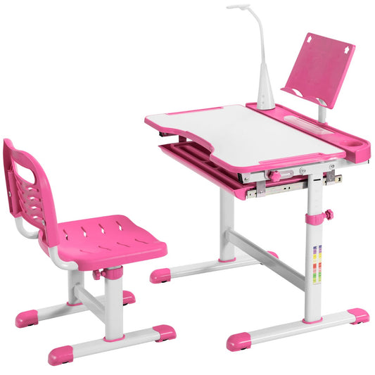 Schreibtisch Kinder, Kindertisch, Kinderschreibtisch Set, Tisch  Stuhl  mit Bücherständer, LED-Licht, Rosa, Costway, 1