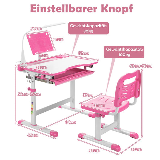 Schreibtisch Kinder, Kindertisch, Kinderschreibtisch Set, Tisch  Stuhl  mit Bücherständer, LED-Licht, Rosa, Costway, 7