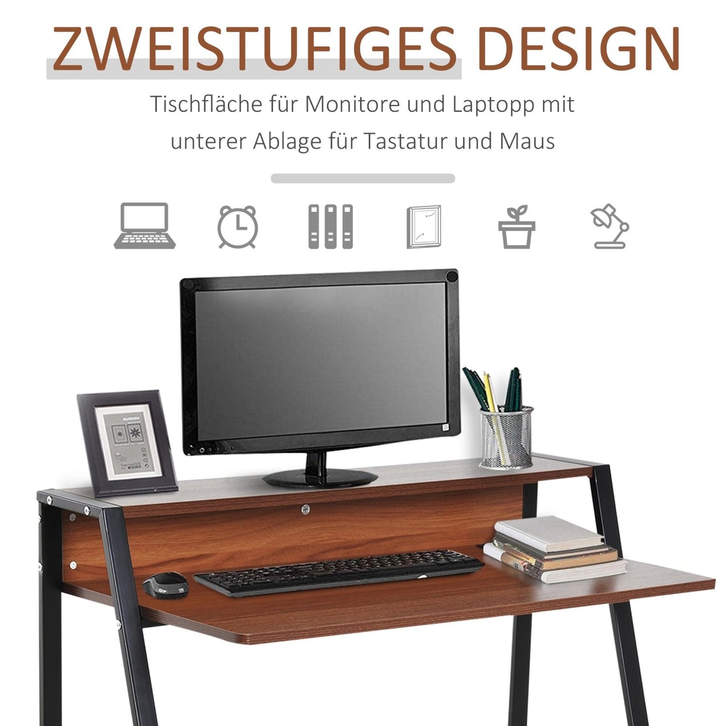 Schreibtisch, PC Tisch, Computertisch mit Ablagefach & Kabeldurchlass, Bürotisch, Ideal für Homeoffice, HOMCOM, 3