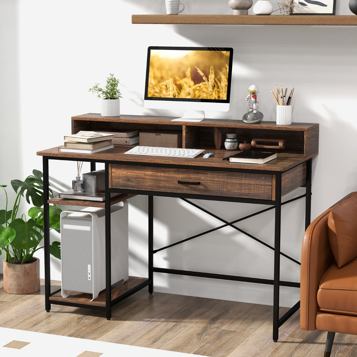 Schreibtisch, Schreibtisch mit Schublade, Computertisch, Computertisch mit Metallrahmen, 120x56x90,5 cm, Costway, 2