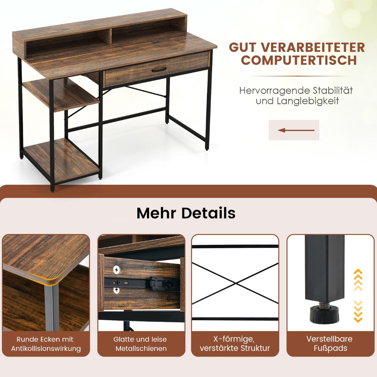 Schreibtisch, Schreibtisch mit Schublade, Computertisch, Computertisch mit Metallrahmen, 120x56x90,5 cm, Costway, 6