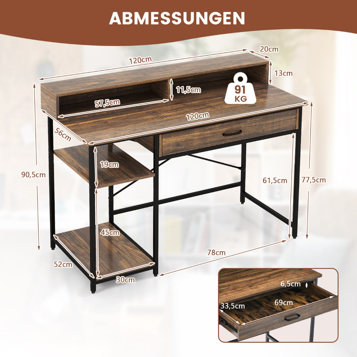 Schreibtisch, Schreibtisch mit Schublade, Computertisch, Computertisch mit Metallrahmen, 120x56x90,5 cm, Costway, 7