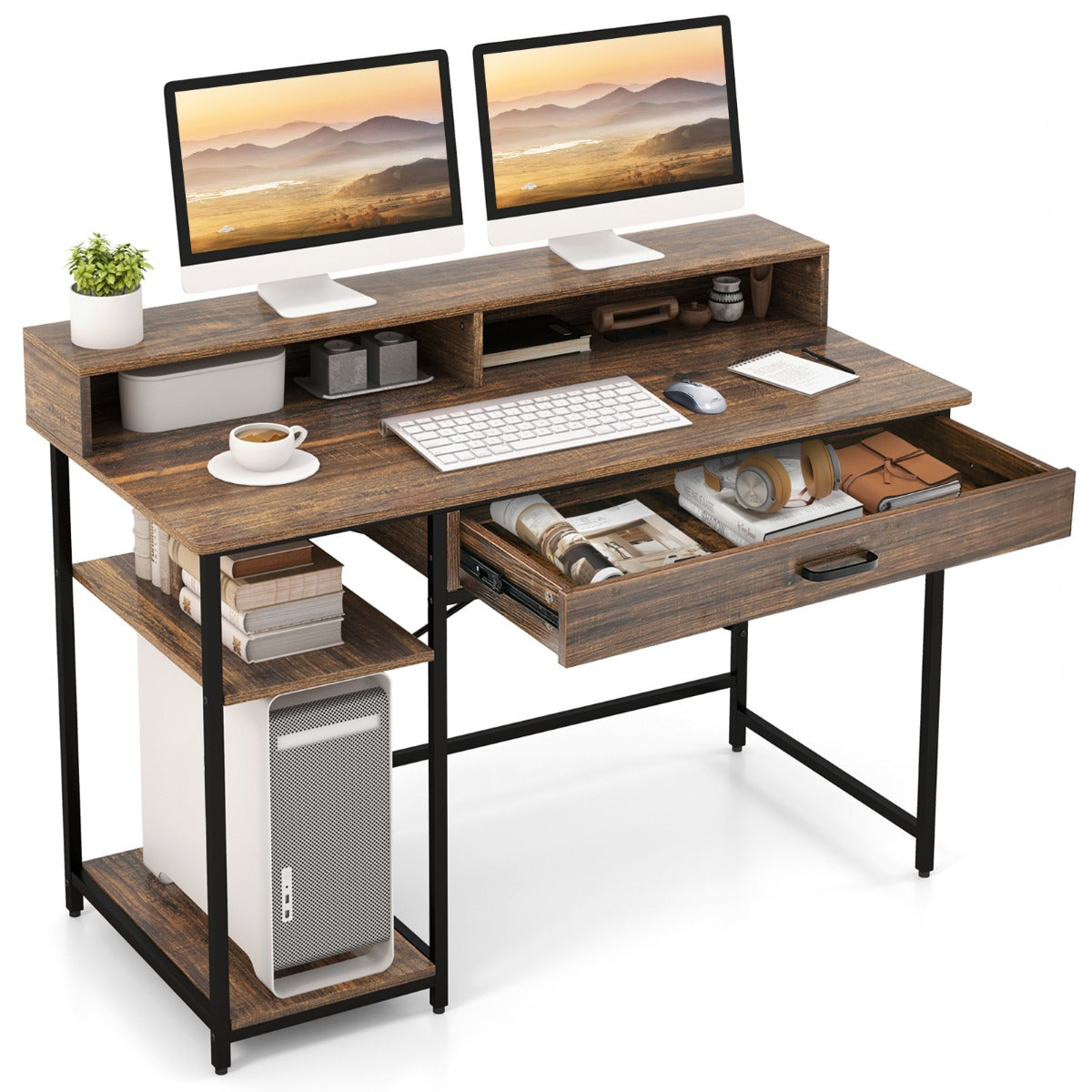 Schreibtisch, Schreibtisch mit Schublade, Computertisch, Computertisch mit Metallrahmen, 120x56x90,5 cm, Costway, 8