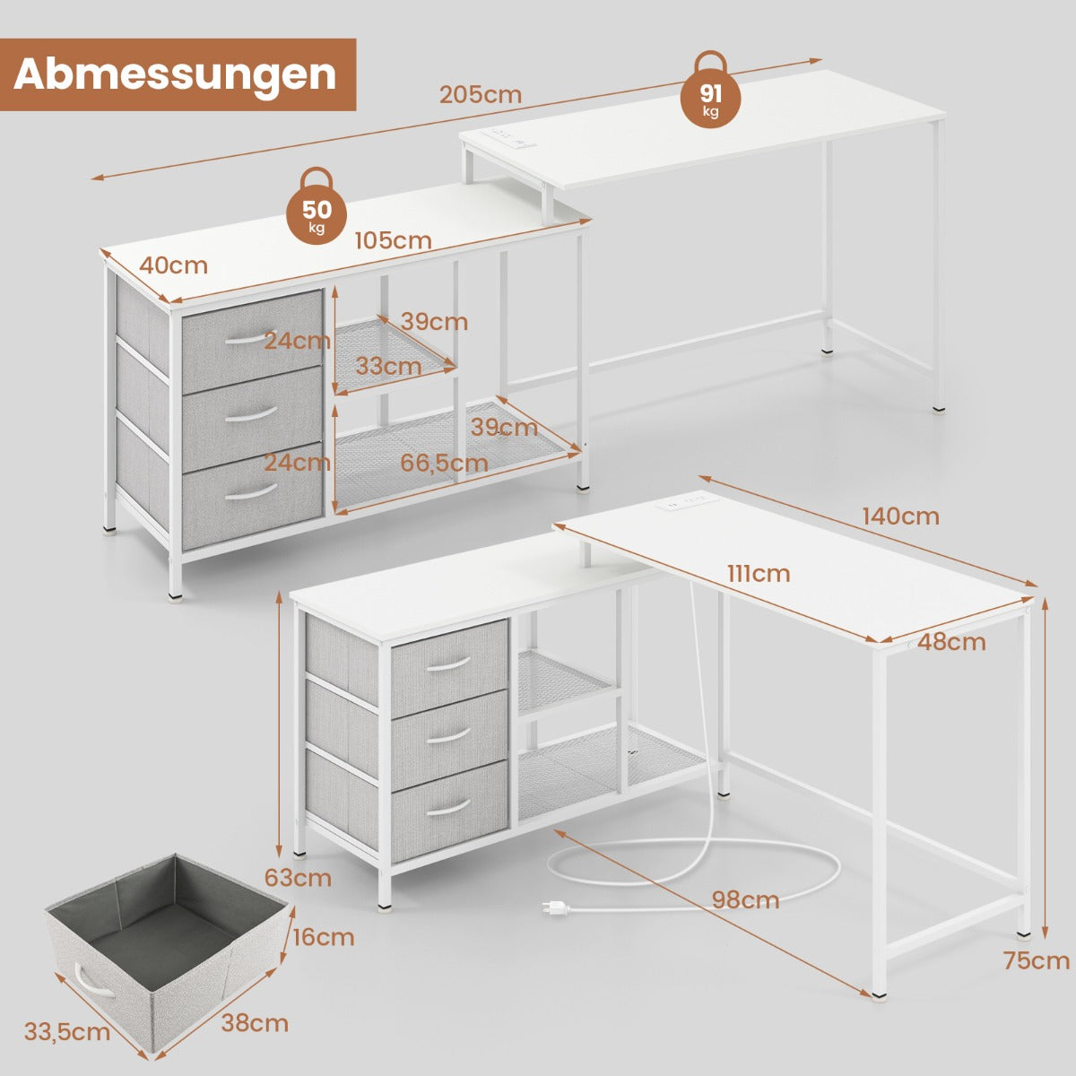 Schreibtisch, Schreibtisch mit Schubladen, Schreibtisch L Form, L Schreibtisch,  Schreibtisch umwandelbaren, Weiß, Costway, 4