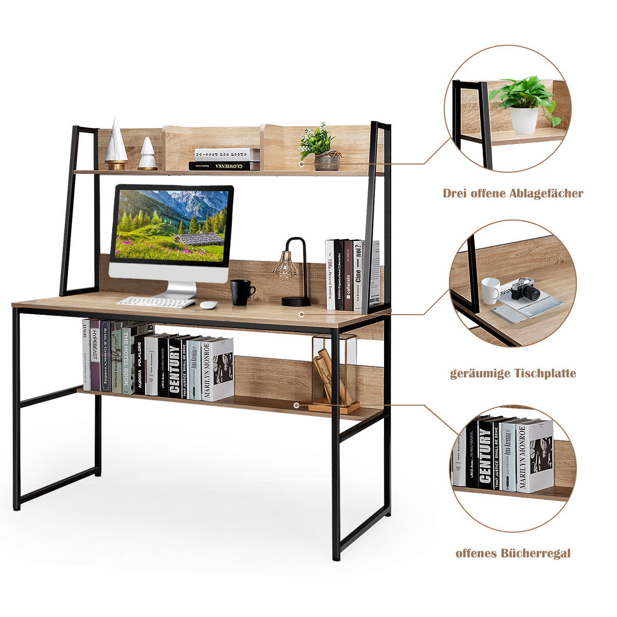 Schreibtisch, Schreibtisch mit Stauraum, Schreibtisch Holz, Computertisch mit Ablage, Costway, q