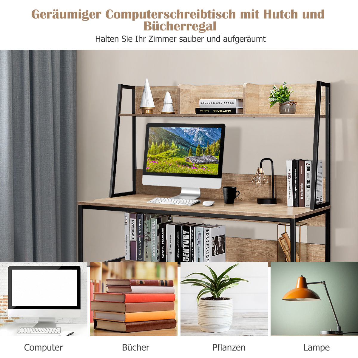 Schreibtisch, Schreibtisch mit Stauraum, Schreibtisch Holz, Computertisch mit Ablage, Costway, 6