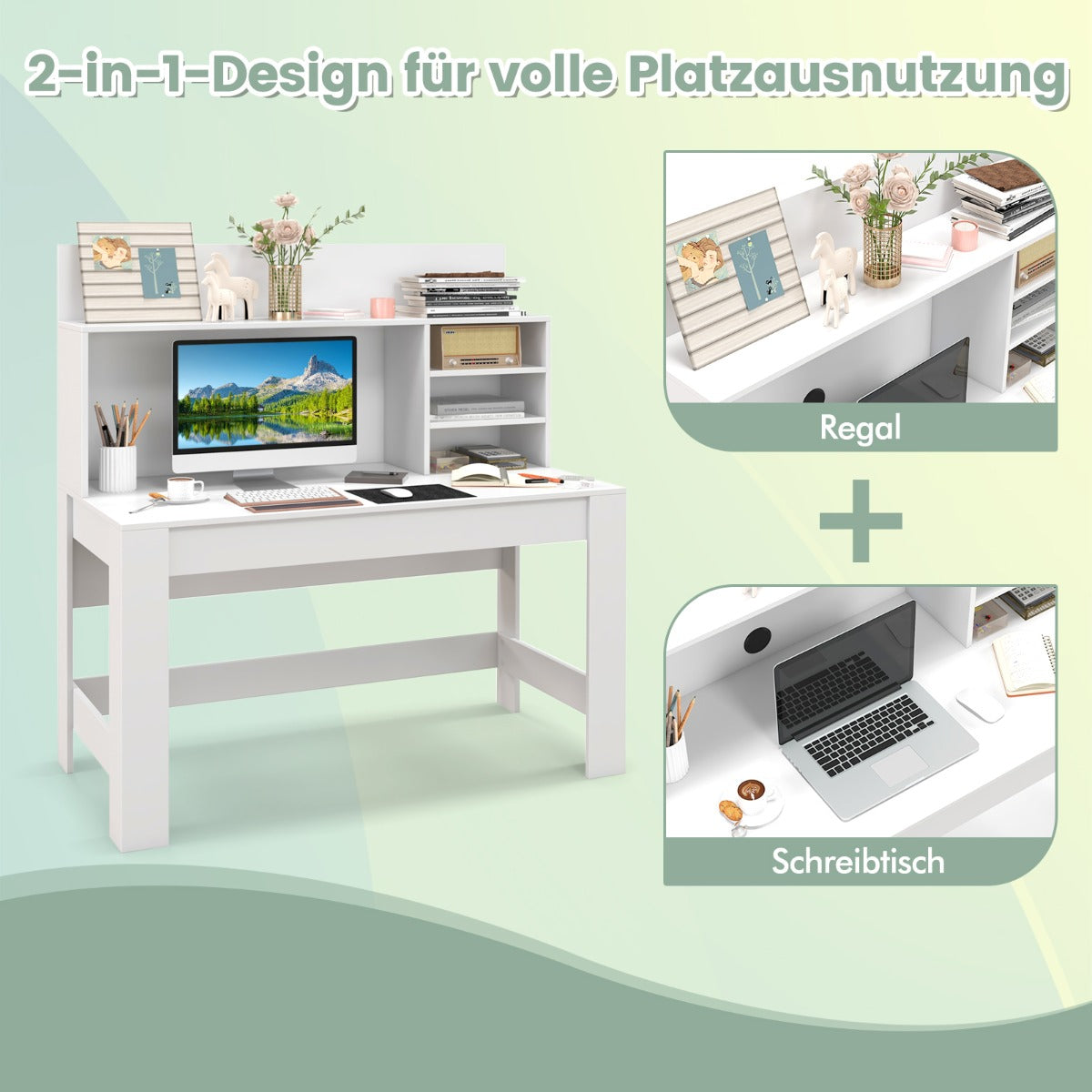 Schreibtisch, Schreibtisch mit Stauraum, Schreibtisch mit Bücherregal, Kleiner Schreibtisch, Costway, 3