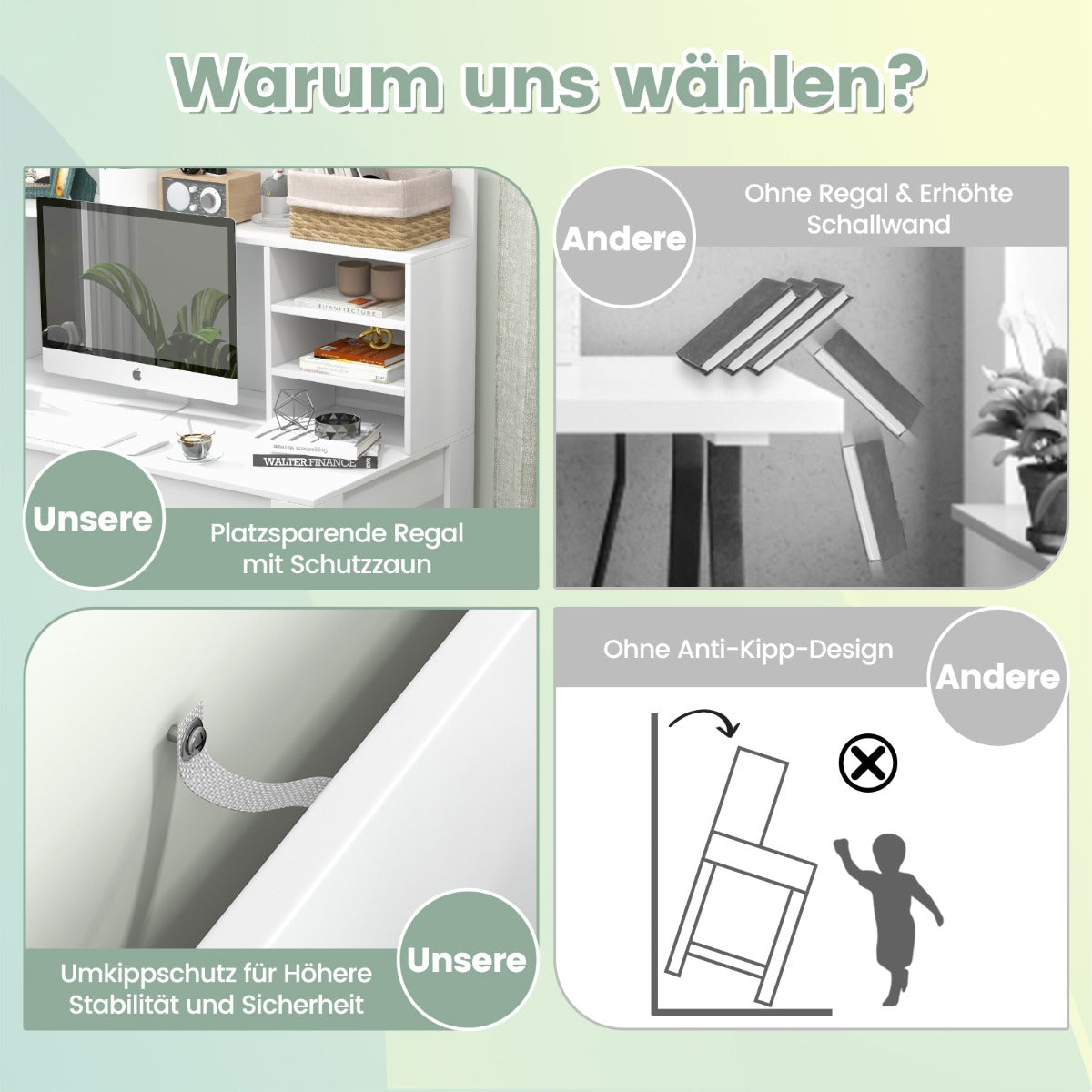 Schreibtisch, Schreibtisch mit Stauraum, Schreibtisch mit Bücherregal, Kleiner Schreibtisch, Costway, 6