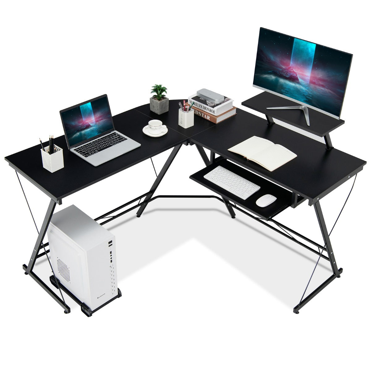 Schreibtisch Schwarz, Computer Schreibtisch, PC Schreibtisch, L Schreibtisch, Holz, mit Beweglichem Ständer, Costway, 1