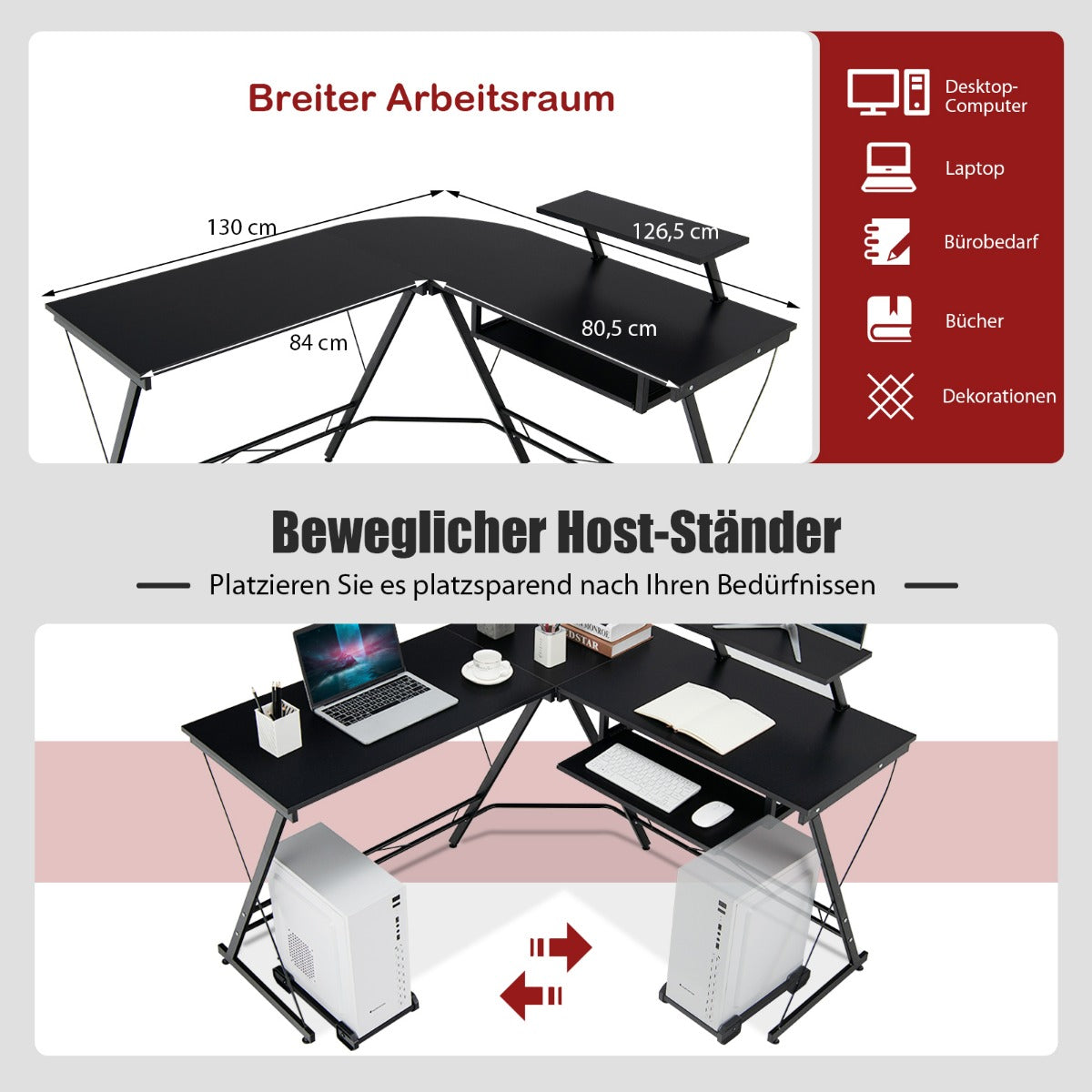 Schreibtisch Schwarz, Computer Schreibtisch, PC Schreibtisch, L Schreibtisch, Holz, mit Beweglichem Ständer, Costway, 4