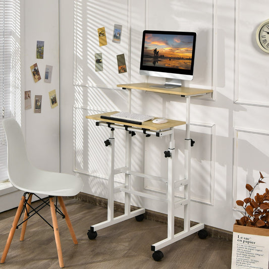 Schreibtisch, Sitz-Steh-Schreibtisch, Stehschreibtisch, höhenverstellbar, rollender, Weiß + Natur, Costway, 1