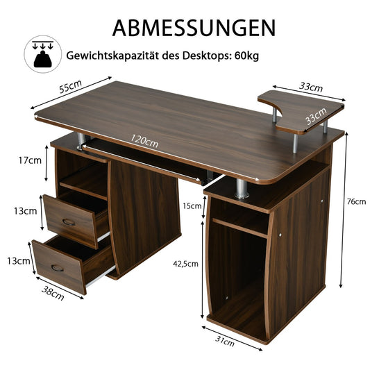 Schreibtisch, platzsparender Computertisch, mit Druckerablage, Walnut, Costway, 1
