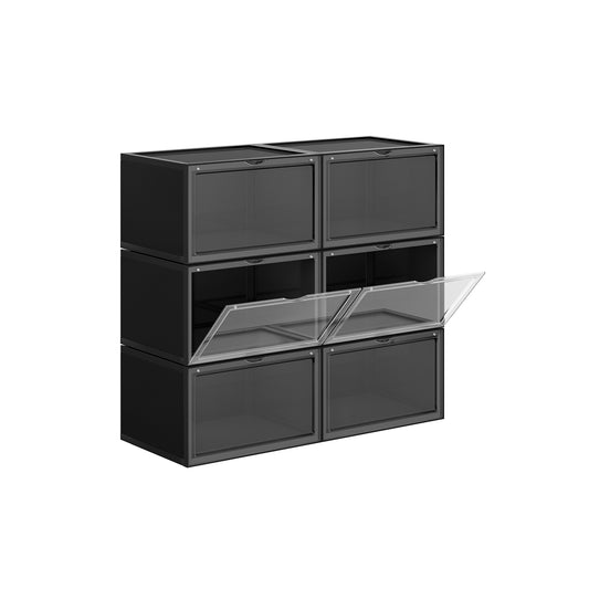 Schuhboxen, 6 Stück, Schuhorganizer, Schuhboxen stapelbar, mit Tür, aus Kunststoff, Größe bis 46, Schwarz, SONGMICS, 1