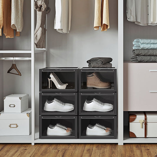 Schuhboxen, 6 Stück, Schuhorganizer, Schuhboxen stapelbar, mit Tür, aus Kunststoff, Größe bis 46, Schwarz, SONGMICS, 3