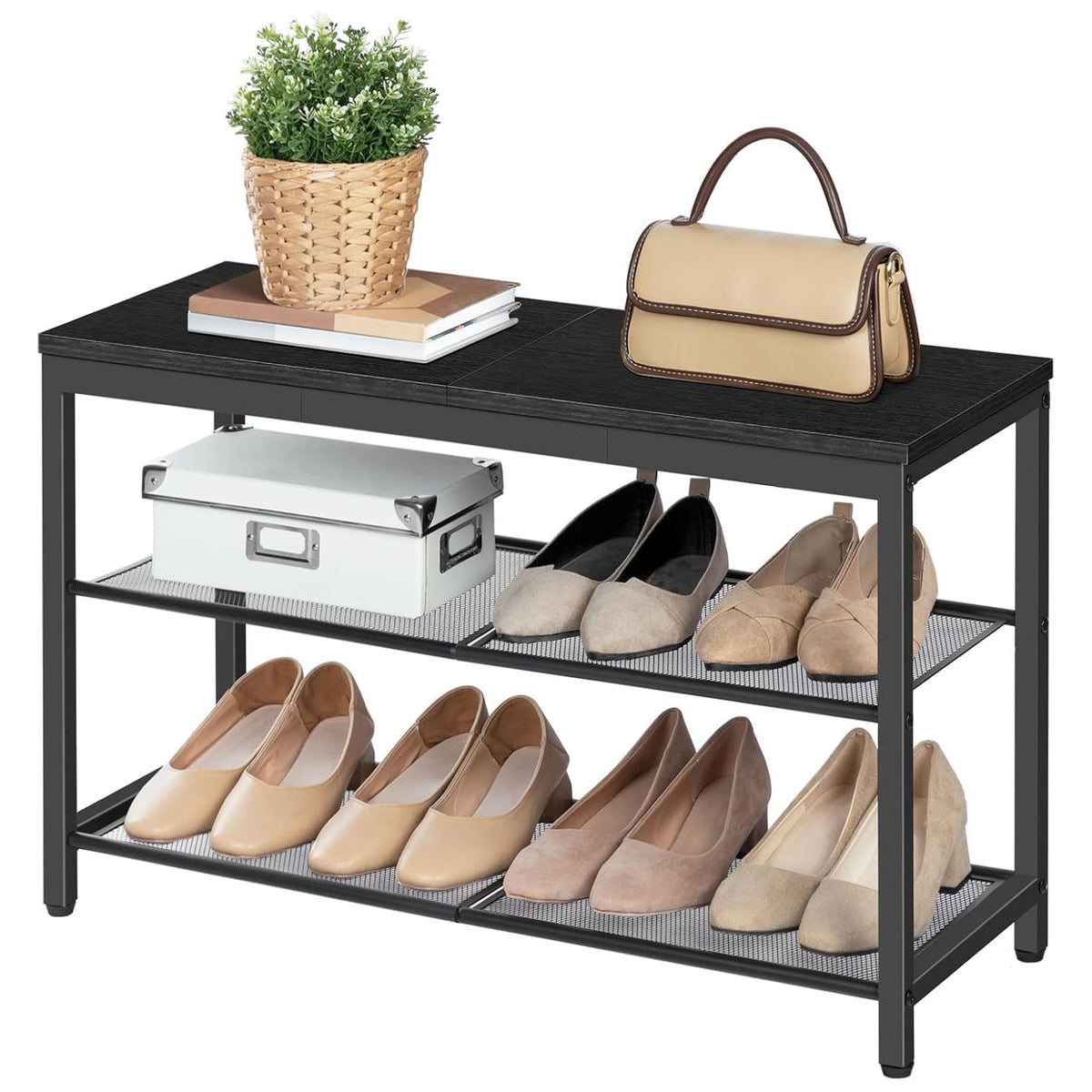 Schuhregal, 3 Ebenen, Schuhbank, Schuhregal Schmal, Schwarz, Hoobro –