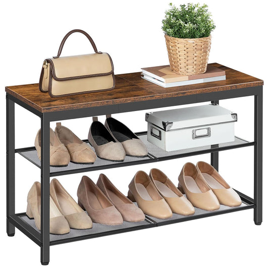 Schuhregal, 3 Ebenen, Schuhbank, mit 2 Netzablage, Schuhregal Schmal, Schuhregal metall, Braun-Schwarz, HOOBRO, 7