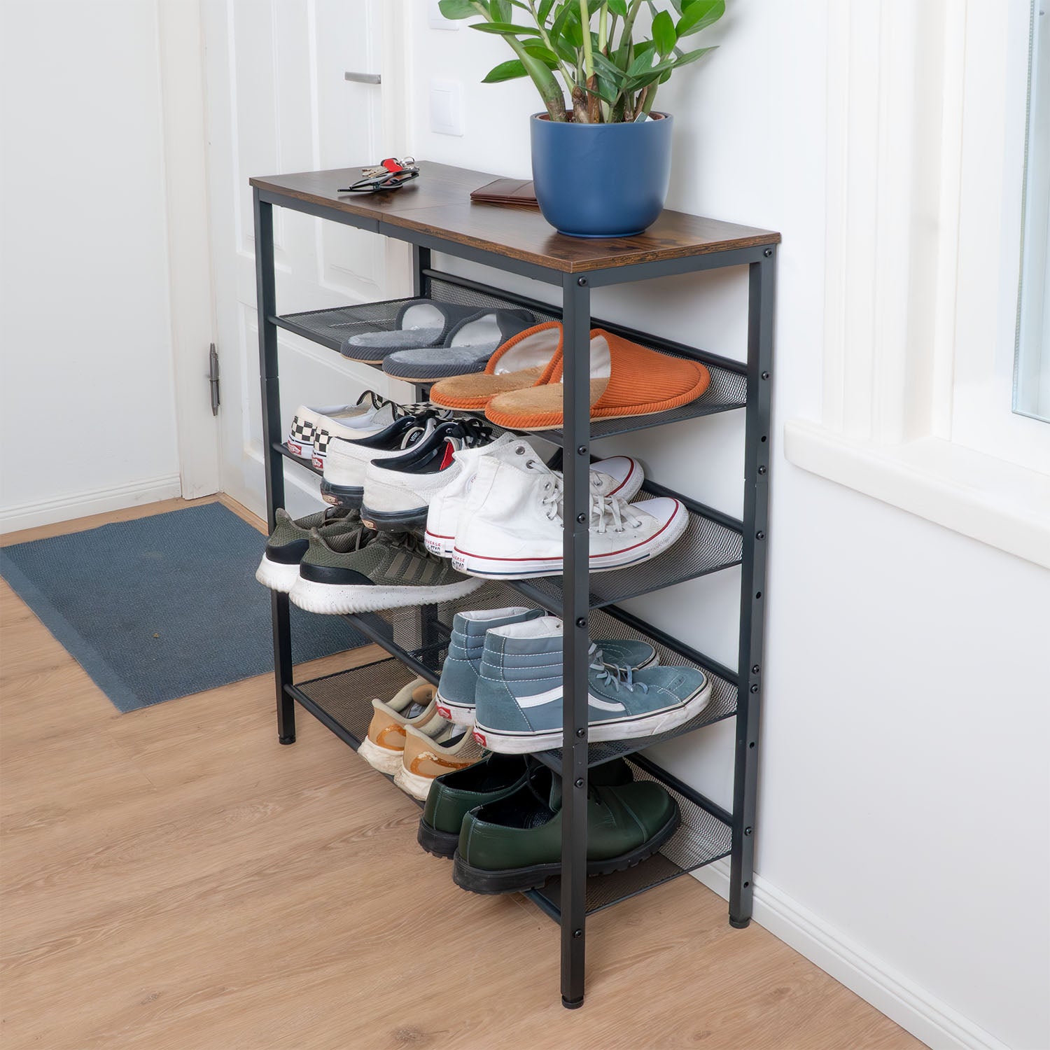 Schuhregal, 5-stöckiges, mit 4 verstellbar Gitterablage, Schuhregal Schmal, 75 x 28 x 93 cm, Schuhregal Metall, Tatkraft Otto, 1