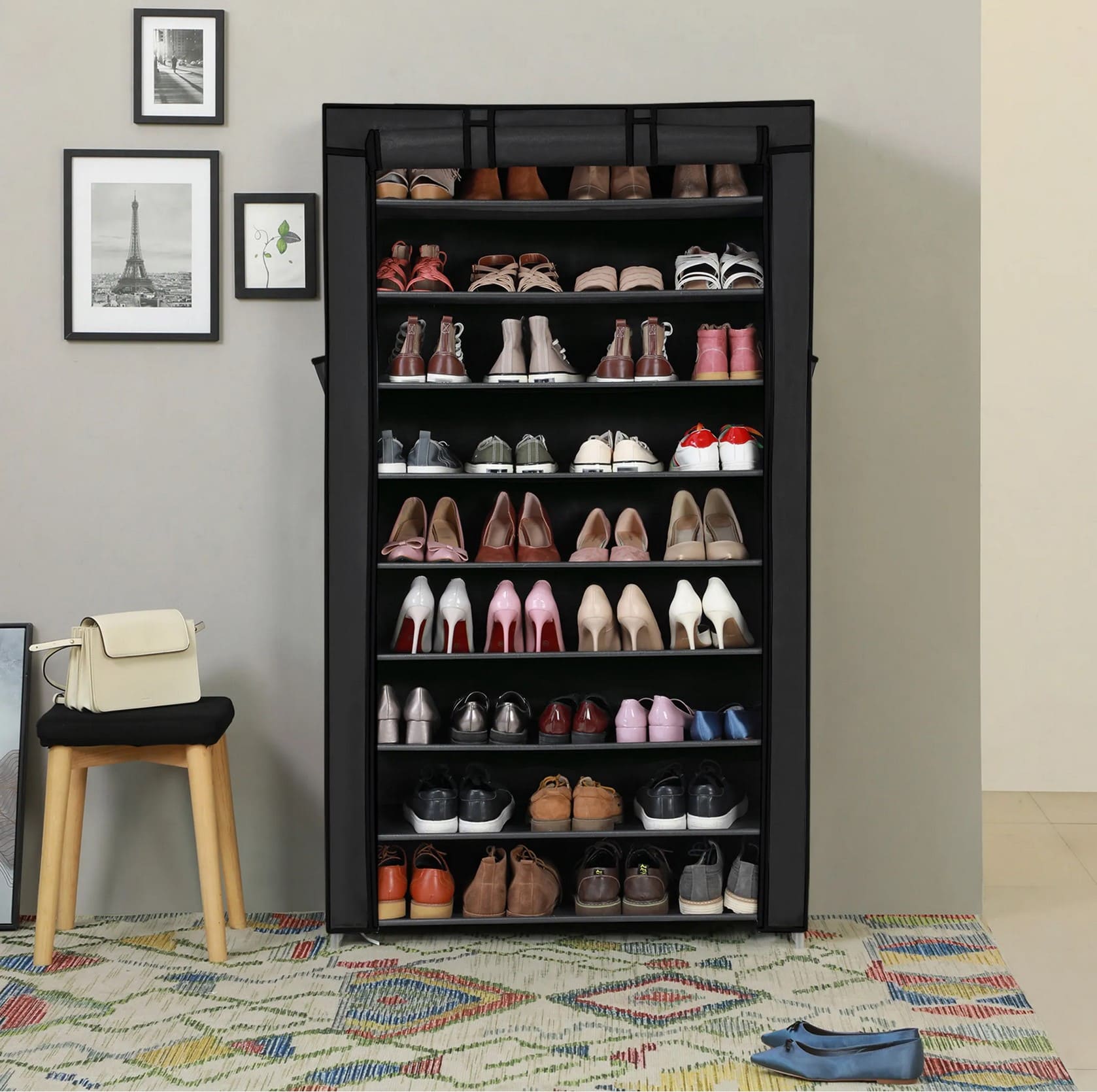 Schuhregal, Schuhregal mit 10 Ebenen, Schuhschrank Groß, mit staubdichte Abdeckung, für bis zu 40 Paar, Schwarz, Songmics, 2