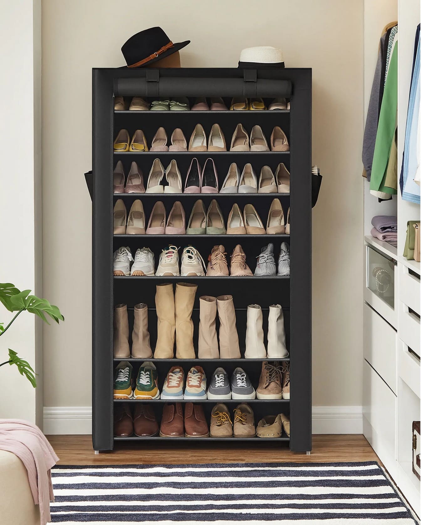 Schuhregal, Schuhregal mit 10 Ebenen, Schuhschrank Groß, mit staubdichte Abdeckung, für bis zu 40 Paar, Schwarz, Songmics, 3