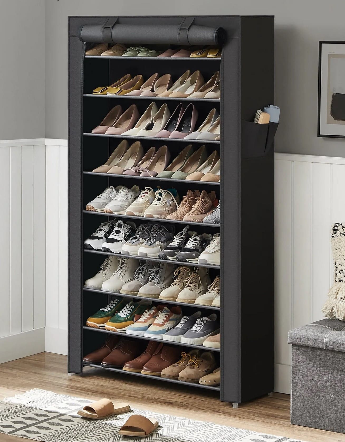 Schuhregal, Schuhregal mit 10 Ebenen, Schuhschrank Groß, mit staubdichte Abdeckung, für bis zu 40 Paar, Schwarz, Songmics, 4