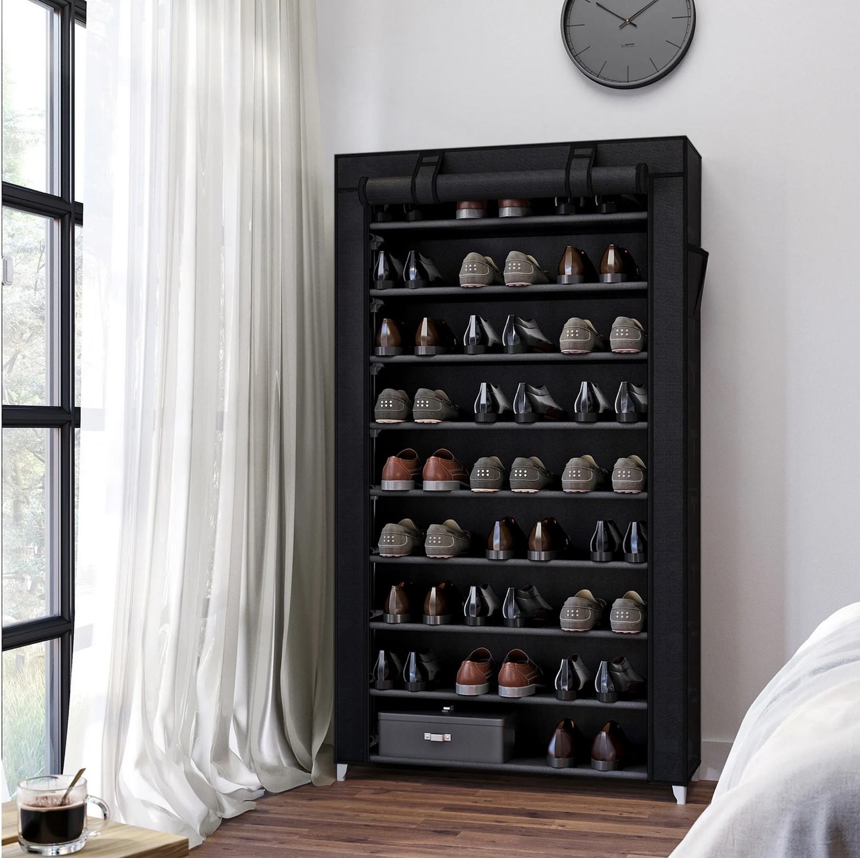 Schuhregal, Schuhregal mit 10 Ebenen, Schuhschrank Groß, mit staubdichte Abdeckung, für bis zu 40 Paar, Schwarz, Songmics, 7
