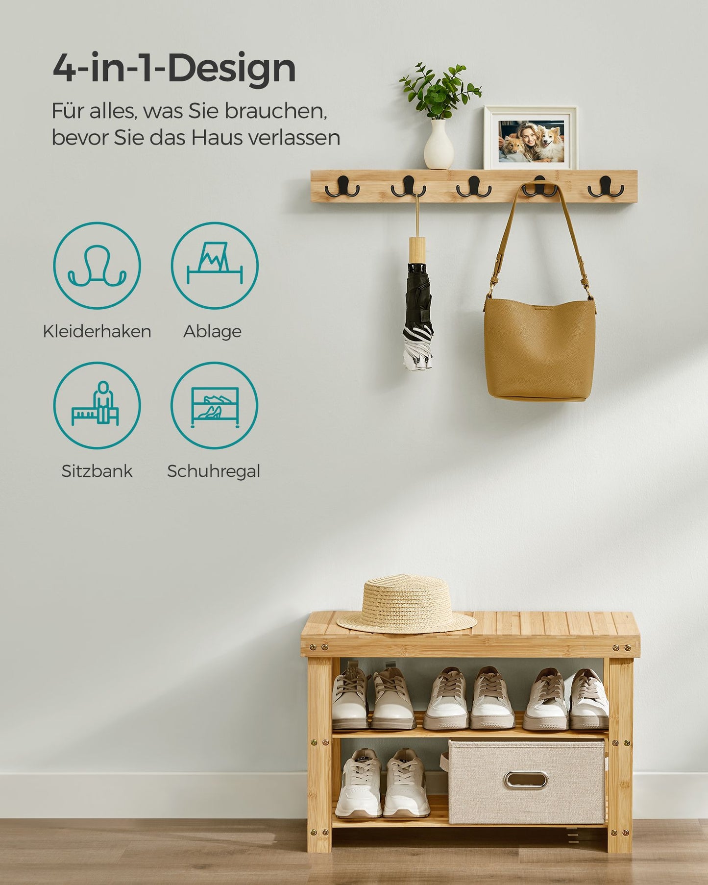 Schuhregal mit Sitzfläche, Schuhbank Wandgarderobe Set, 5 Zweifach-Metallhaken, Schuhbank mit 3 Ebenen aus Bambus, VASAGLE, 3