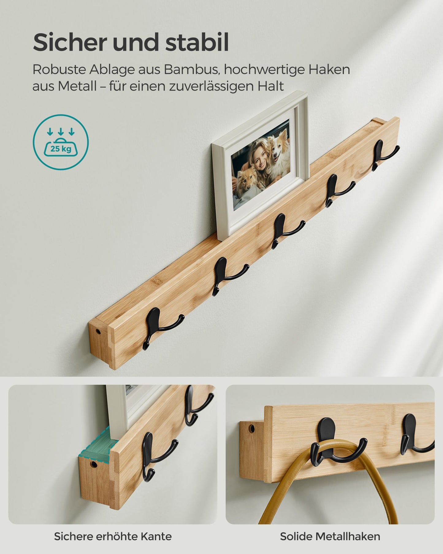 Schuhregal mit Sitzfläche, Schuhbank Wandgarderobe Set, 5 Zweifach-Metallhaken, Schuhbank mit 3 Ebenen aus Bambus, VASAGLE, 4