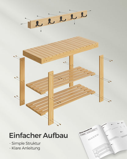 Schuhregal mit Sitzfläche, Schuhbank Wandgarderobe Set, 5 Zweifach-Metallhaken, Schuhbank mit 3 Ebenen aus Bambus, VASAGLE, 6