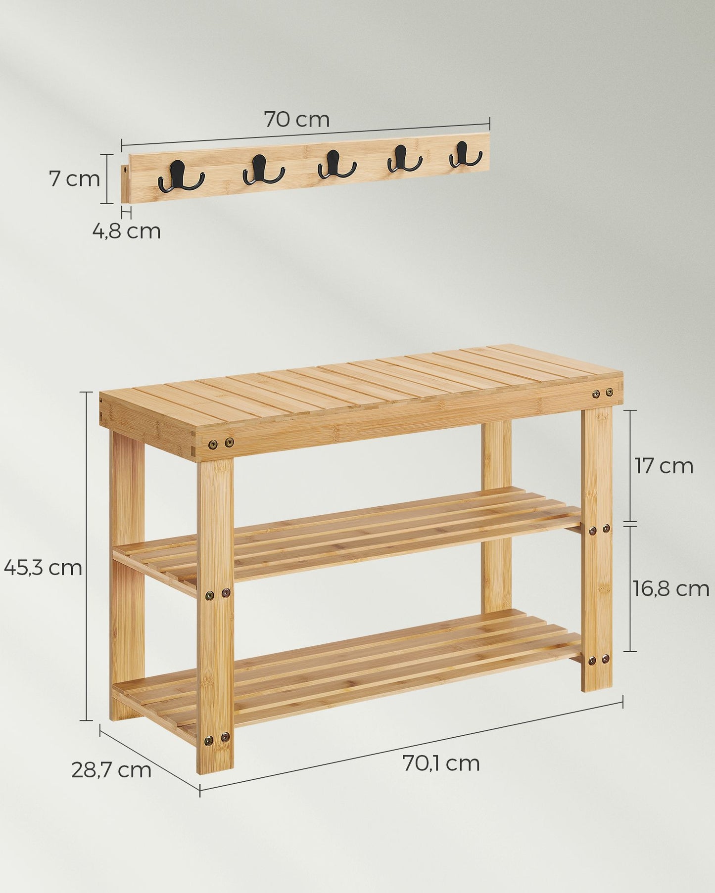 Schuhregal mit Sitzfläche, Schuhbank Wandgarderobe Set, 5 Zweifach-Metallhaken, Schuhbank mit 3 Ebenen aus Bambus, VASAGLE, 7