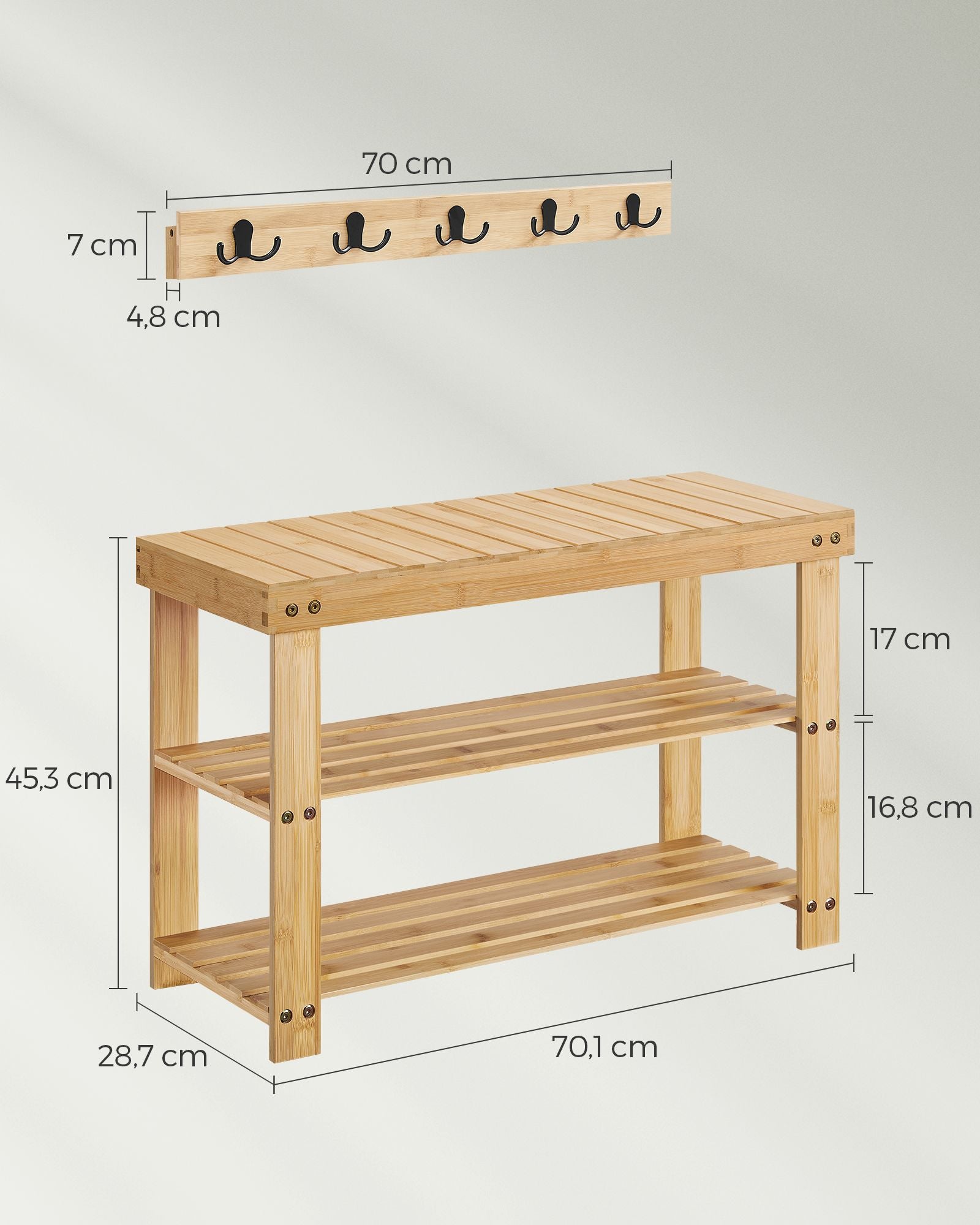 Schuhregal mit Sitzfläche, Schuhbank Wandgarderobe Set, 5 Zweifach-Metallhaken, Schuhbank mit 3 Ebenen aus Bambus, VASAGLE, 7