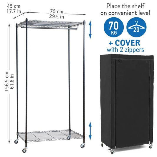 Stabiler Kleiderschrank art moon Buffalo, Stoffschrank mit Schutzhülle, Rollen und 2 Ablagen für 20 Kleiderbügel, 70 kg Belastung