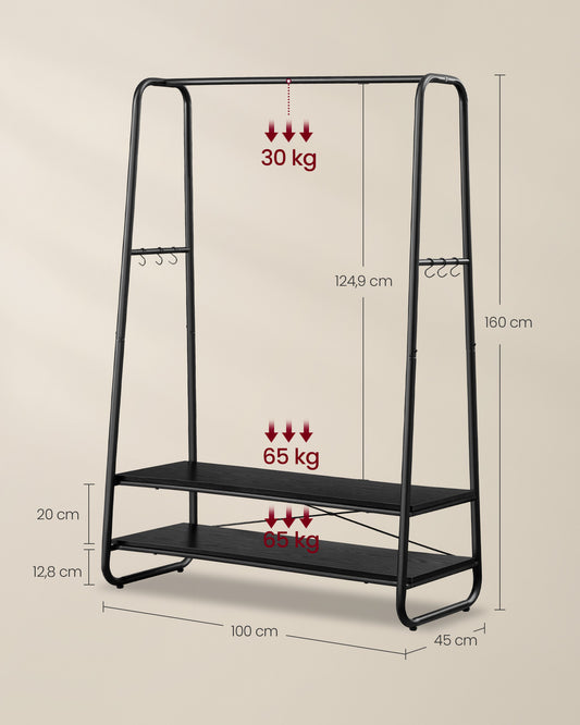Schwerlast Kleiderständer, bis 190 kg belastbar, Kleiderständer Stabil, Garderobenständer, Garderobe, mit 2 Ablagen, Vasagle, 1