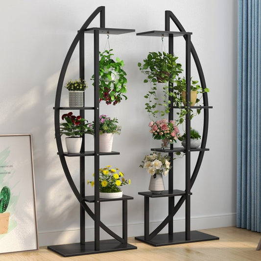 Pflanzenregal, 2 Stück, Blumenständer, mit 5 Ebenen und 2 Haken, 160cm Hoch, Blumenregal Wohnzimmer, Pflanzenständer metall, Mattschwarz, Tribesigns, 1