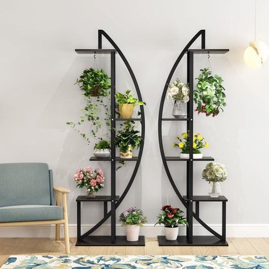 Pflanzenregal, 2 Stück, Blumenständer, mit 5 Ebenen und 2 Haken, 160cm Hoch, Blumenregal Wohnzimmer, Pflanzenständer metall, Mattschwarz, Tribesigns, 2