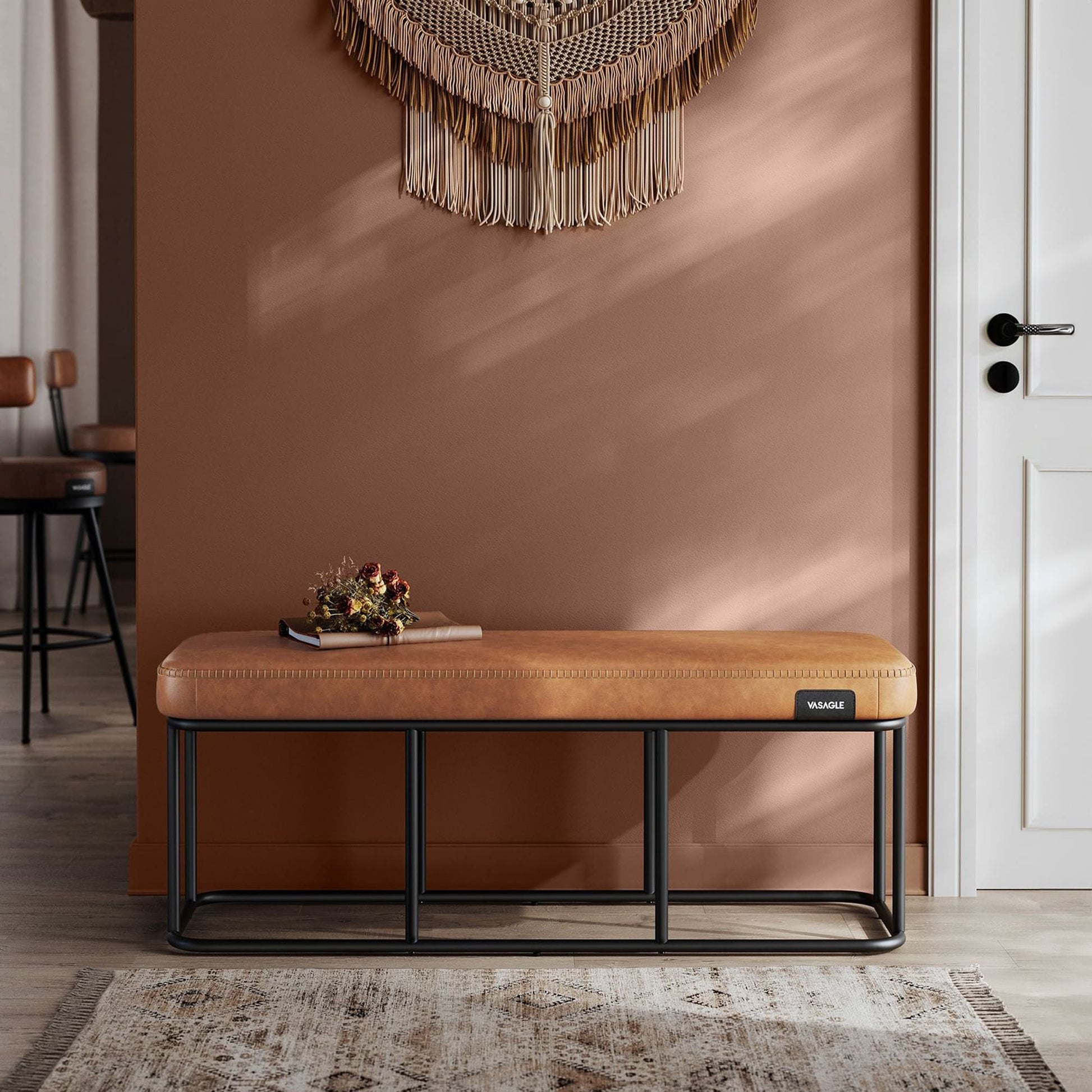 Sitzbank, Bettbank, Sitzbank Esszimmer, Sitzbank Schlafzimmer, Kunstleder, Nähte, Metallrahmen, bis 300kg, schwarz, VASAGLE, fb