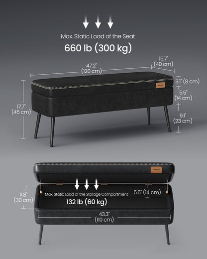 Sitzbank schlafzimmer, Bank schlafzimmer, für den Eingangsbereich, 57L, Kunstleder mit Nähten, 300 kg, Schwarz, VASAGLE, 4