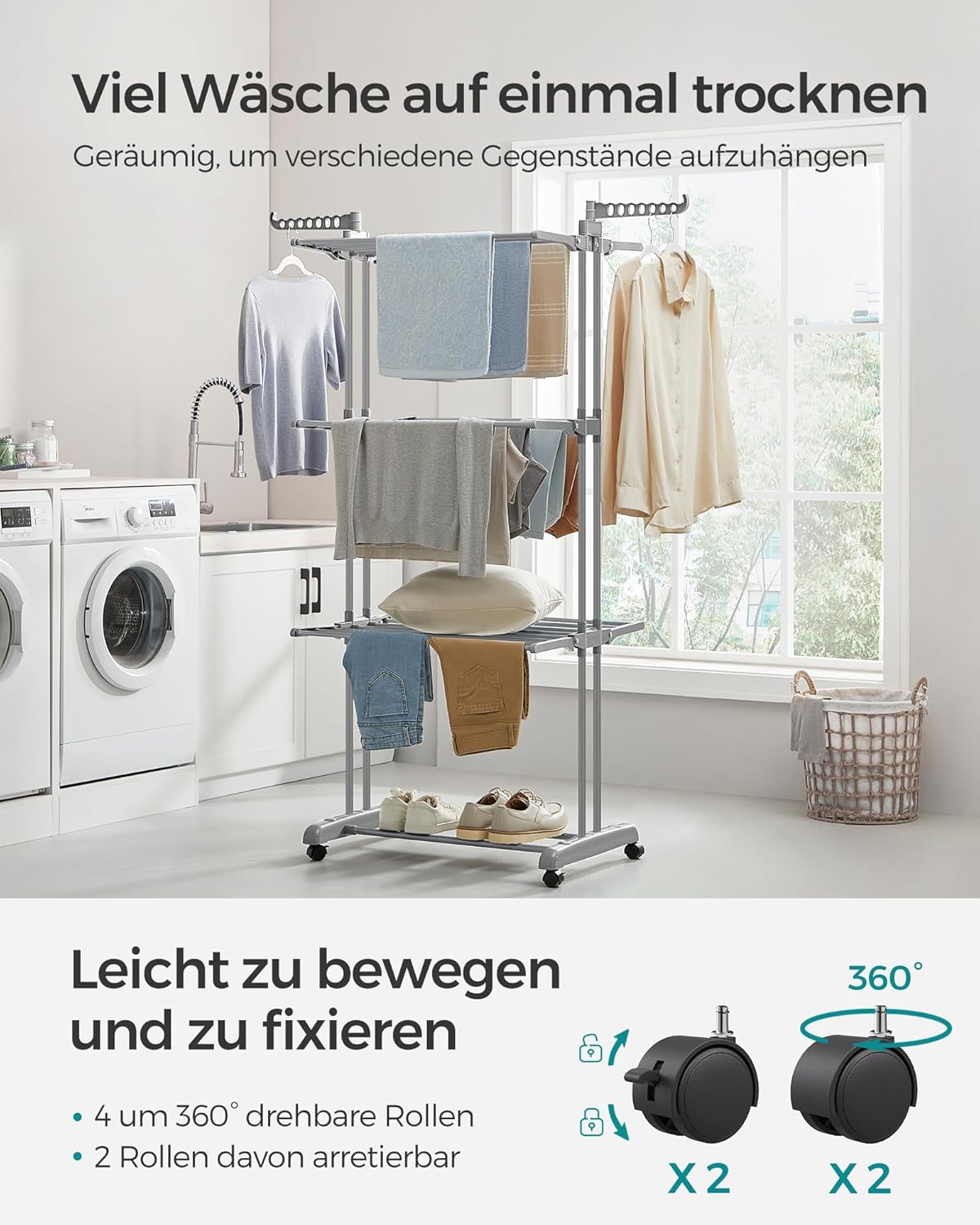 Wäscheständer Hoch, 4 Ebenen, Wäscheständer stabil, Turmwäscheständer mit Rollen, Wäscheständer platzsparend, Grau, Songmics, 7
