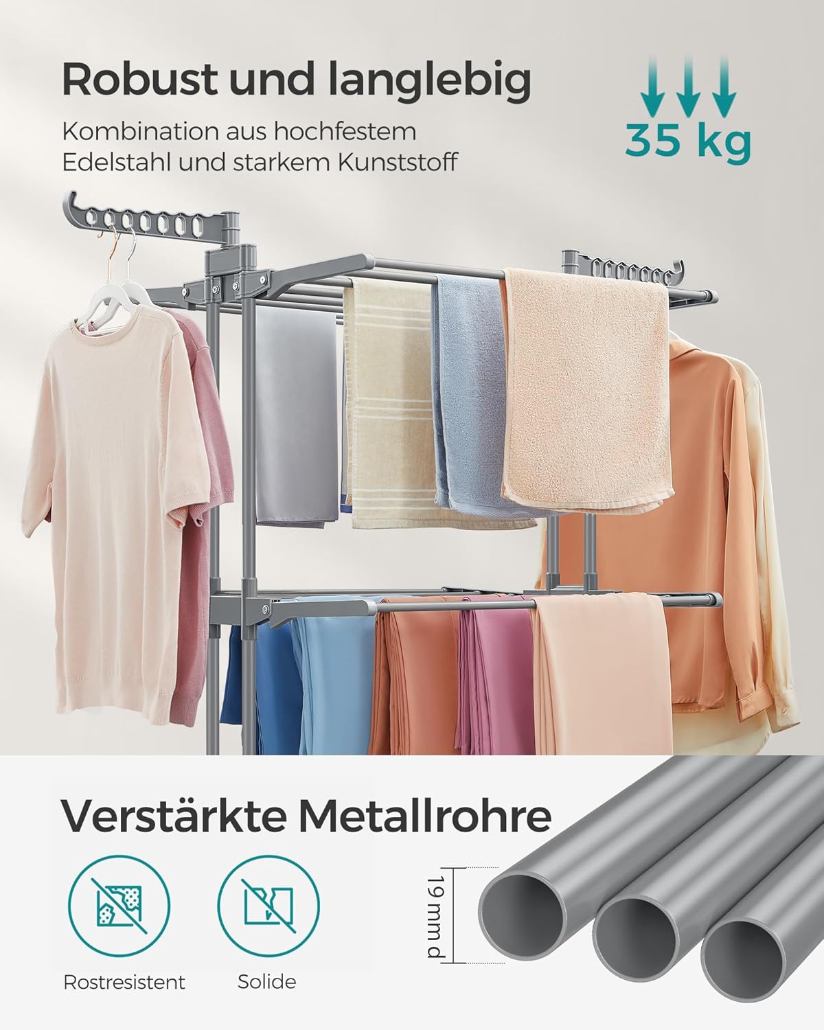 Wäscheständer Hoch, 4 Ebenen, Wäscheständer stabil, Turmwäscheständer mit Rollen, Wäscheständer platzsparend, Grau, Songmics, 6