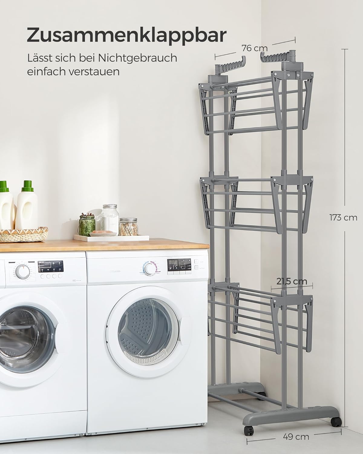 Wäscheständer Hoch, 4 Ebenen, Wäscheständer stabil, Turmwäscheständer mit Rollen, Wäscheständer platzsparend, Grau, Songmics, 3