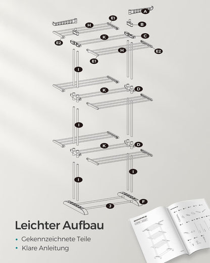 Wäscheständer Hoch, 4 Ebenen, Wäscheständer stabil, Turmwäscheständer mit Rollen, Wäscheständer platzsparend, Grau, Songmics, 10