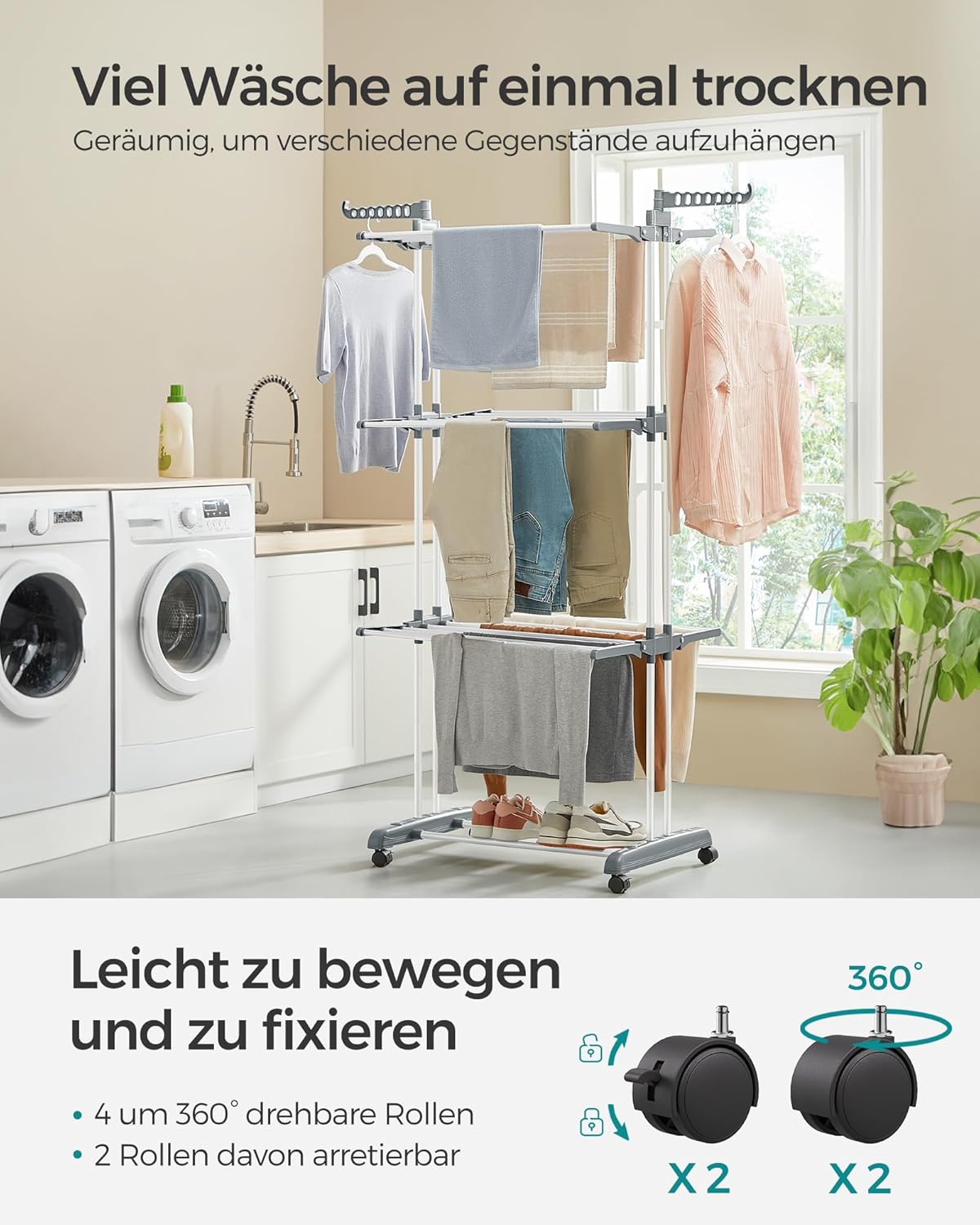 Wäscheständer Hoch, 4 Ebenen, Wäscheständer stabil, Turmwäscheständer mit Rollen, Wäscheständer platzsparend, Weiß, Songmics, 7