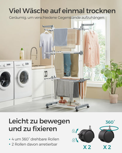 Wäscheständer Hoch, 4 Ebenen, Wäscheständer stabil, Turmwäscheständer mit Rollen, Wäscheständer platzsparend, Weiß, Songmics, 7