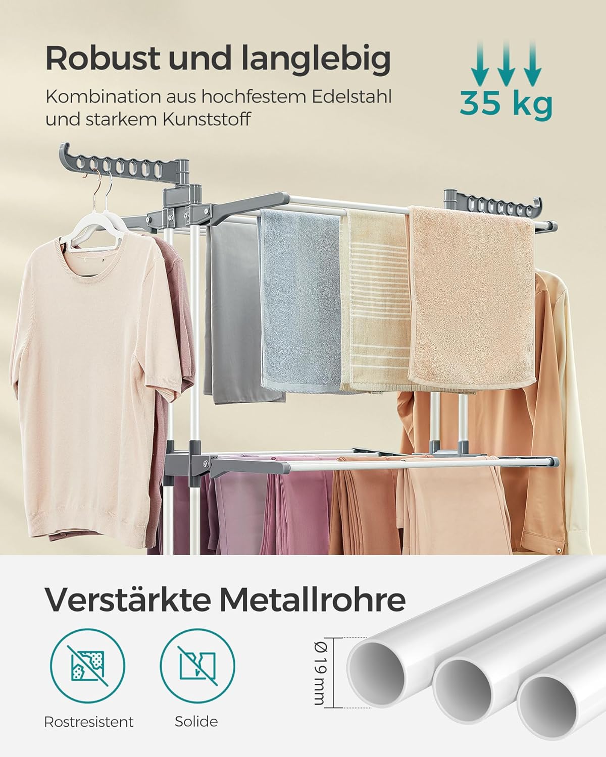Wäscheständer Hoch, 4 Ebenen, Wäscheständer stabil, Turmwäscheständer mit Rollen, Wäscheständer platzsparend, Weiß, Songmics, 6