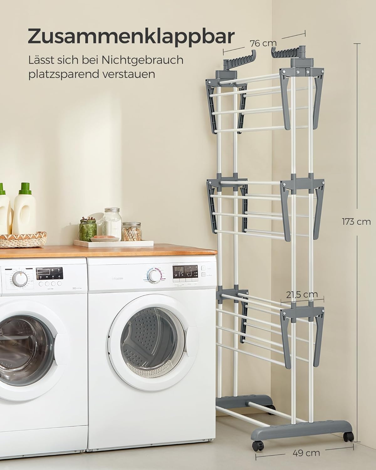 Wäscheständer Hoch, 4 Ebenen, Wäscheständer stabil, Turmwäscheständer mit Rollen, Wäscheständer platzsparend, Weiß, Songmics, 4